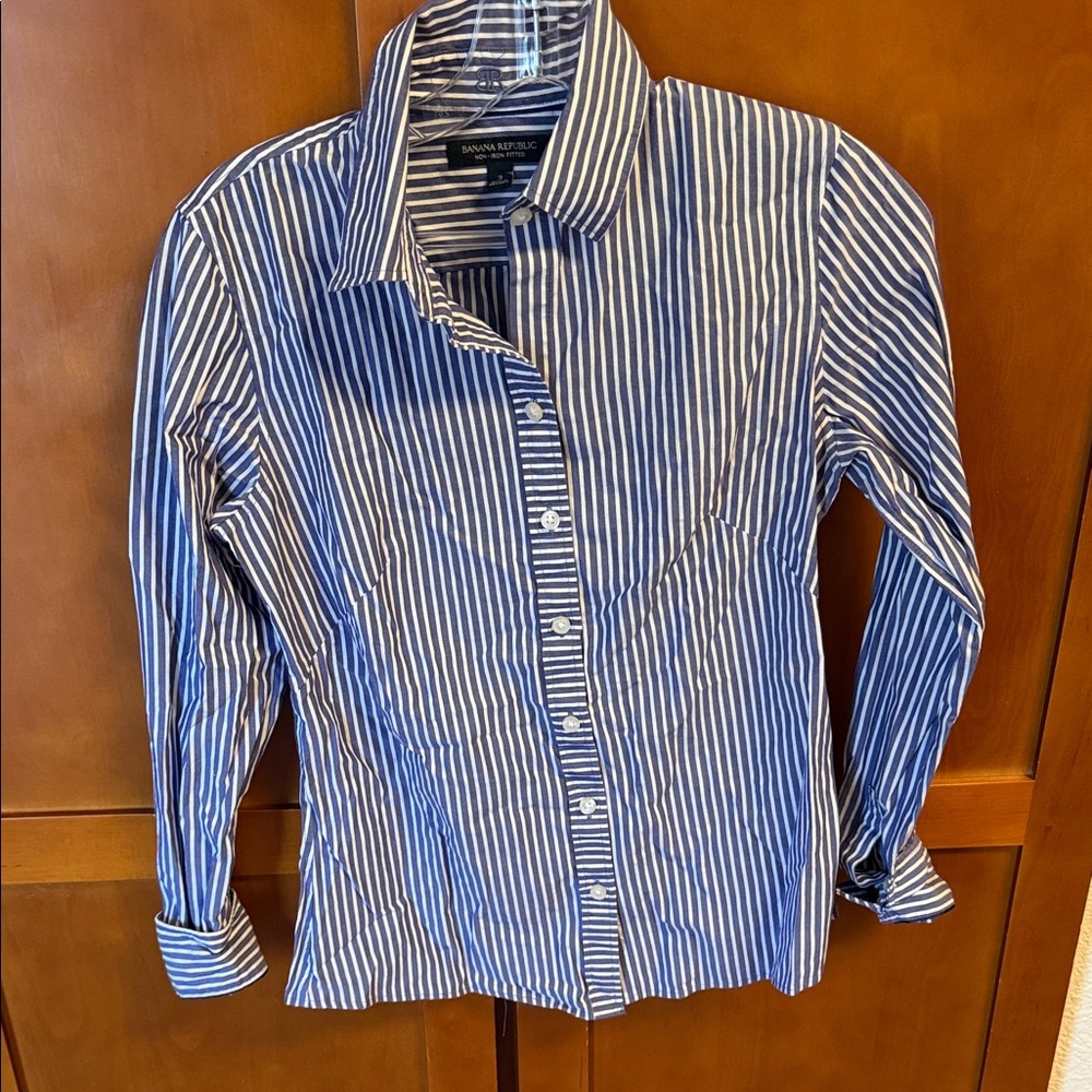 Michael Kors Navy and White Striped Button Down Shirt